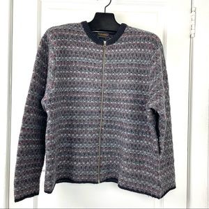 Woolrich Women's Zip Cardigan in Charcoal Gray, Red and White 100% Wool Size XL